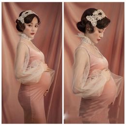 Vrouwen zwangerschap fotografie props jurk voor foto shoot roze elegante lange mouw moederschap jurk voor baby shower