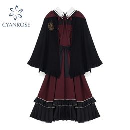 Femmes Preppy Style Robe avec châle Fluffy Frocks Femme Rouge Japonais Lolita Vintage Gothic School Student Princess Dresse 210515