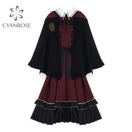 Vrouwen preppy stijl jurk met sjaal pluizige jurk vrouwelijke rode Japanse lolita stijl vintage gotische school student prinses dresse 210417