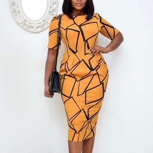 Vrouwen print bodycon jurk geel korte mouwen o hals kantoor dame slank elegante vestidos bescheiden Afrikaanse grote maat zomer mode 210416