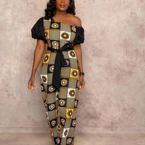 Dames Print One Shoulder Jumpsuits Korte Mouwen Patchwork met Taille Riem Wide Leg Romper Streetwear Afrikaanse Vrouwelijke Mode 210416