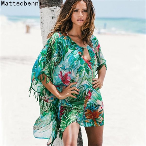Femmes imprimer paréo plage couvrir en mousseline de soie Saida De Praia tunique robe d'été plage bikini couvrir maillot de bain caftan maillot de bain 220524