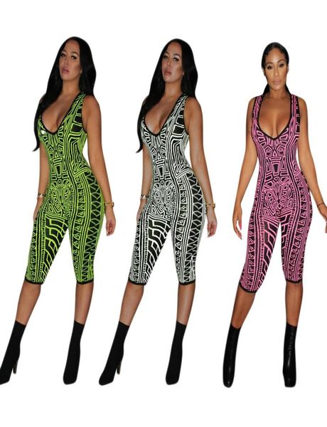 Femmes Imprimer Combinaison Courte Barboteuse Combishort Actif Motif Géométrique Col En V Profond Sans Manches Slim Club Body Vert Rose Rouge Vert8244652