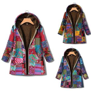 Vrouwen Gedrukt Jas Dames Bloemen Splice Hoodies Winter Warm Hooded Jassen met Fluwelen Vintage Gedrukte Jas Plus Size M2643