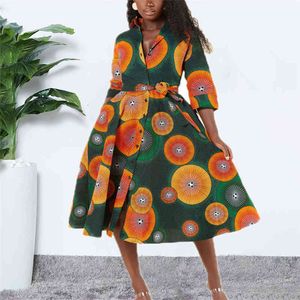 Femmes Robe imprimée Une ligne haute manches trois quarts avec ceinture de taille Mode africaine Femme Chemise Robes Plus Taille Dames 210416