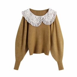 Dames Gedrukt Sjaal Kraag Splicing Breien Trui Vrouwelijke Lange Mouw Pullover Casual Lady Losse Tops SW988 210430