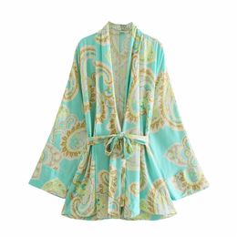 Femmes imprimé chemise surdimensionné lâche Kimono manches longues mode décontracté Vintage Chic dame femme chemise ceinturée hauts 210709