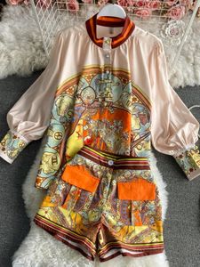 Vrouwen gedrukt tweedelige set retro chique lente gefragmenteerde bloem met korte mouw shirt top elegante pakken zomer outfits 240510