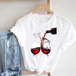 Vrouwen Afdrukken Kleding Wijn Dame Korte Mouw Casual 90s Cartoon Mode Kleding Print Tee Top T-shirt Vrouwelijke Grafische T-shirt X0628