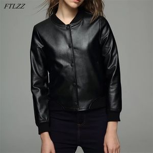 Femmes Pu Faux Cuir Veste courte Printemps Streetwear Simple Boutonnage Manteau à manches longues Lettre Imprimer Noir Outwear 210430