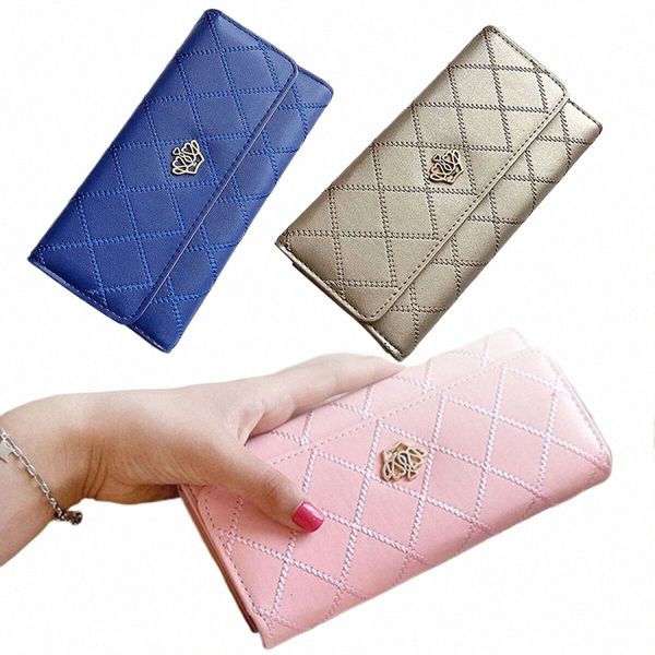 Femmes Pu Leather LG Portefeuille avec motif diamd Fi Coin Purse Carte Holder Multi-Slot Crown Buckle Ladies Phe Bag New M1rd #