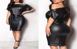 Vrouwen PU Leer Mini Jurk Sexy Zwart Ronde Hals Wetlook Bodycon Bandage Party Club Plus Size Casual Jurken2172237