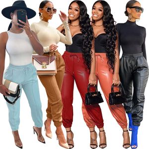 Femmes Pu Pantalon En Cuir Tendance De La Mode Couleur Unie Casual En Cuir Cordon De Survêtement Designer Automne Sexy Pantalon Maigre Pour Dames