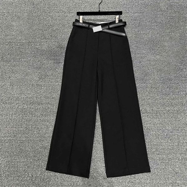 Pantalones de lujo para mujer, pantalones negros de pierna recta con cinturón, pantalones casuales para mujer
