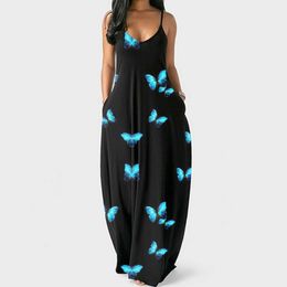 Dames Pullover lange jurken off Shoulder Beach Holiday Party Wear Robe Plus Size Zomer Sexy V-hals Butterfly Print Mouwloos Y1006