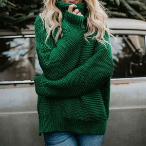 Jersey de mujer con cuello de tortuga Otoño Invierno ropa de punto cálido suéter de cuello alto de gran tamaño para mujer Tops verdes mujer 210805