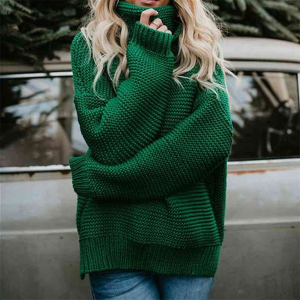 Jersey de mujer con cuello de tortuga Otoño Invierno ropa de punto cálido suéter de cuello alto de gran tamaño para mujer Tops verdes mujer 210918