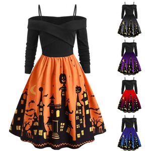 Femmes Citrouille Party Imprimer Robe Halloween À Manches Longues Col V Vintage Casual Plus Taille Robes Robe Corto Mujer FD Y0903