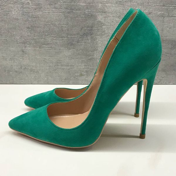 Bombas de mujeres zapatos de fondo rojo para bodas Toe puntiagudas de tacón alto 8 10 10 cm Stilettos Flock Green Vestido poco profundo zapato de lujo Tacos finos de marca de lujo