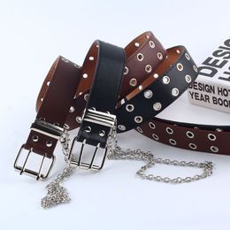 Ceinture à chaîne Punk pour femmes, ajustable, noire, Double œillet simple, œillet, boucle en cuir, 259U