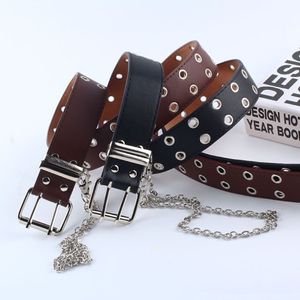 Vrouwen Punk Chain Mode Riem Verstelbare Zwarte Dubbele Enkele Oogje Grommet Lederen Gesp Belt298a