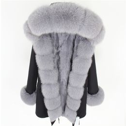 Mujeres de algodón puro, chaqueta larga revestida de conejo real New Fox Collar Parques Abrigos de mujer Abrigos de piel 201212
