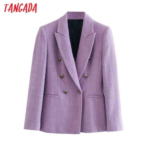 Femmes Violet Épais Veste Manteaux Double Boutonnage Manches Longues Poche Dames Élégant Automne Hiver Manteau 3H723 210416