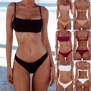 Dames Push-up Padded Bandage Bra Bikini Set Thong Badpak Badmode Badpak Zomer Effen Kleur Sexy Beachwear 210629