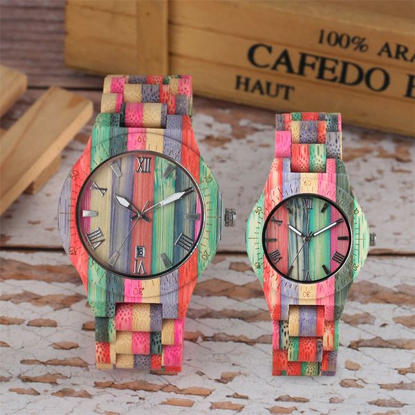 Femmes Quartz Bambou En Bois Montre Couple Montres Naturel Multicolore Bracelet Amoureux Concept Bois Montre-Bracelet