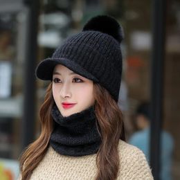 Femmes Lapin Cheveux Tricotés Chapeaux Écharpe Gants Ensemble Chaud Épais Skullies Chapeau Fourrure Pompons Casquette De Ski Douces Filles Hiver Bonnet Casquettes 231229