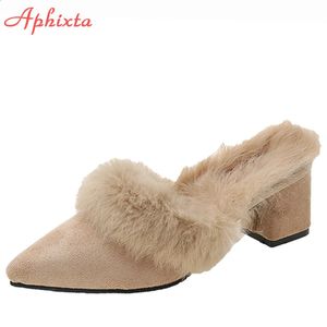 Dames konijnen slippers afhixta haar warme schoenen winter puntige teen echt bont vierkante hak lady mujer indoor dia's 2 52 5