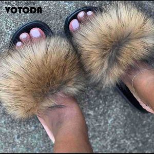 Femmes Raccoon Fox Fluffy Summer Hot Slippers Real Fur Slides Rainbow Flat femme tongs Tongs décontractés Furry Femme Femme Chaussures T230828 967 Ry