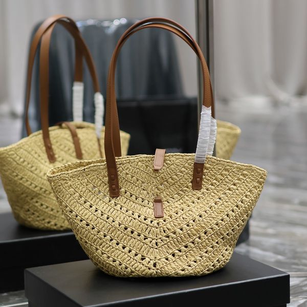 Femme Raffia Raffia Panier de sac fourre-tout en cuir moyen en cuir Palme Palme et cuir Designer à main Cross Cross Bodage Open de plage Sac à main dames Sac à bandoulière d'été Sacs