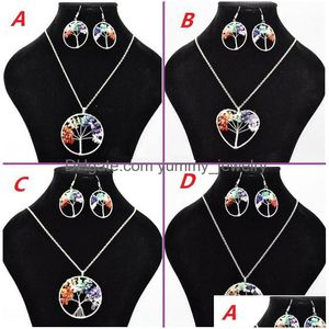 Femmes arc-en-ciel 7 Chakra améthyste arbre de vie puces de quartz boucles d'oreilles collier ensembles de bijoux Mticolor sagesse naturelle livraison directe Dhg5X