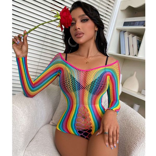 Mujeres Rainbow Fishnet Sexy Mesh Hollow Out Ve Throughysuit Ladies Erotic Transparent seductor Bodercon para ropa interior sexy