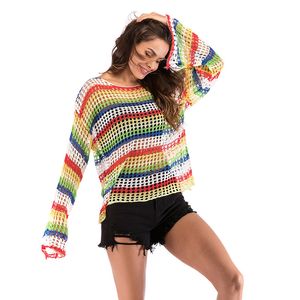 Dames Rainbow Stripe Dunne Knit Pullover Top Herfst Flare Mouw O-hals Casual T-shirt Losse Dun Hollow-out Tee Shirt Smock 210507