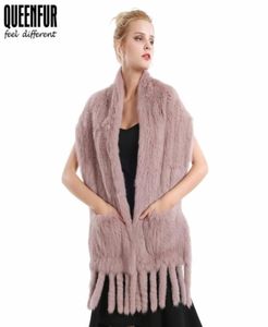 Femmes réelles écharpes fourrures en tassements de fourrure de lapin en tricot naturel enveloppement de poncho chaud de volée chaude à l'hiver avec poche57674729813979