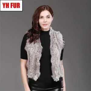 Femmes réel lapin fourrure gilet printemps automne dame tricoté à la main veste sans manches naturel gilet manteau 211220