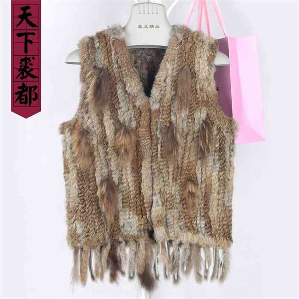 Femmes véritable gilet de fourrure de lapin avec pompon hiver automne dame véritable gilet de fourrure de lapin tricoté 210917