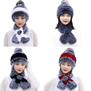 Vrouwen echte Rex konijn fur hoed sjaal sets winter warme beanie cap vox fur pompom