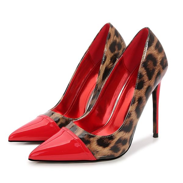 Mujeres Red Infundath Shoes Sexy Patchwork Leopard Impresión Toe puntiagudas de 12 cm High Tacs para pie ancho talla grande 34-45 Pombas de aguja de aguja sexy