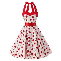 Robes décontractées femmes rouge cerise robe de soirée Vintage années 50 Rockabilly Hepburn 2021 élégant été sans bretelles balançoire rétro licou Pin Up