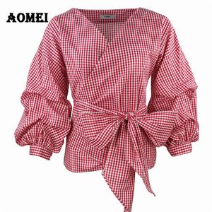 Femmes Rouge Vichy Peplum Tops Blanc 3/4 Manches Bouffantes Chemisier À Carreaux Col En V Lady Chemises D'été Femme Vêtements Blusas Noeud Papillon 210416