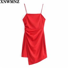 Mini vestido rojo con fruncido para mujer, vestido de satén con tirantes finos de verano para mujer, vestidos sexis asimétricos elegantes para mujer 210520