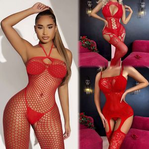 Femmes rouge une pièce résille corps complet bas Sexy maille évider voir à travers combinaisons érotique Transparent Body Costume sexy