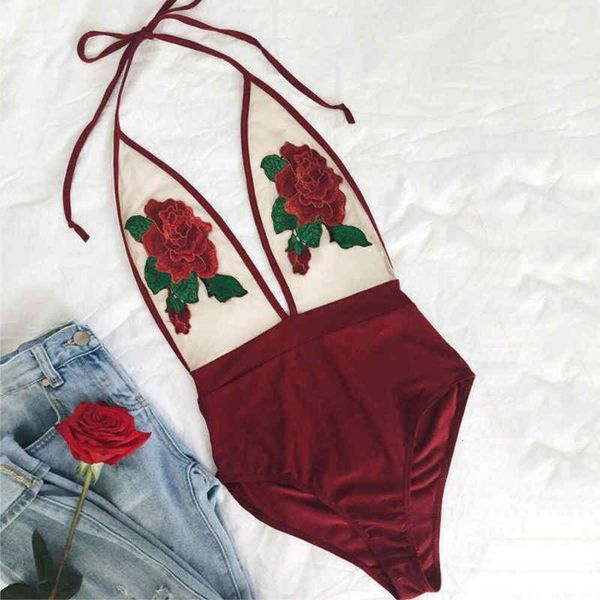 Femmes rouges Swimswear Sexy Summer Floral Brodery Swim Wear Halter Swimsuit Push Up Bikini High Waist One Piece Monokini GGITYS O909