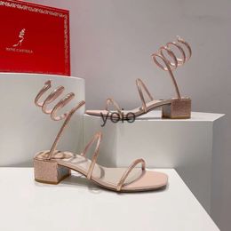 Vrouwen Rene Caovilla Sandalen 4,5 cm dikke hiel slang gewikkeld kristallen decoratieve enkelriem met echte lederen mode luxe designer sandaal