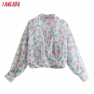 Vrouwen retro bloemen print gewas lange mouw chique vrouwelijke strand shirt tops 5Z104 210416