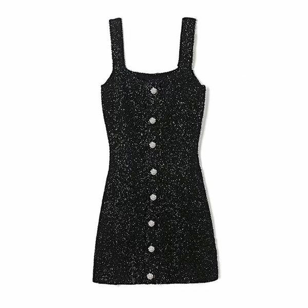 Vestido de punto con botones de piedras preciosas hechas a mano Retro para mujer, falda con tirantes de dos prendas a la moda para mujer 210531