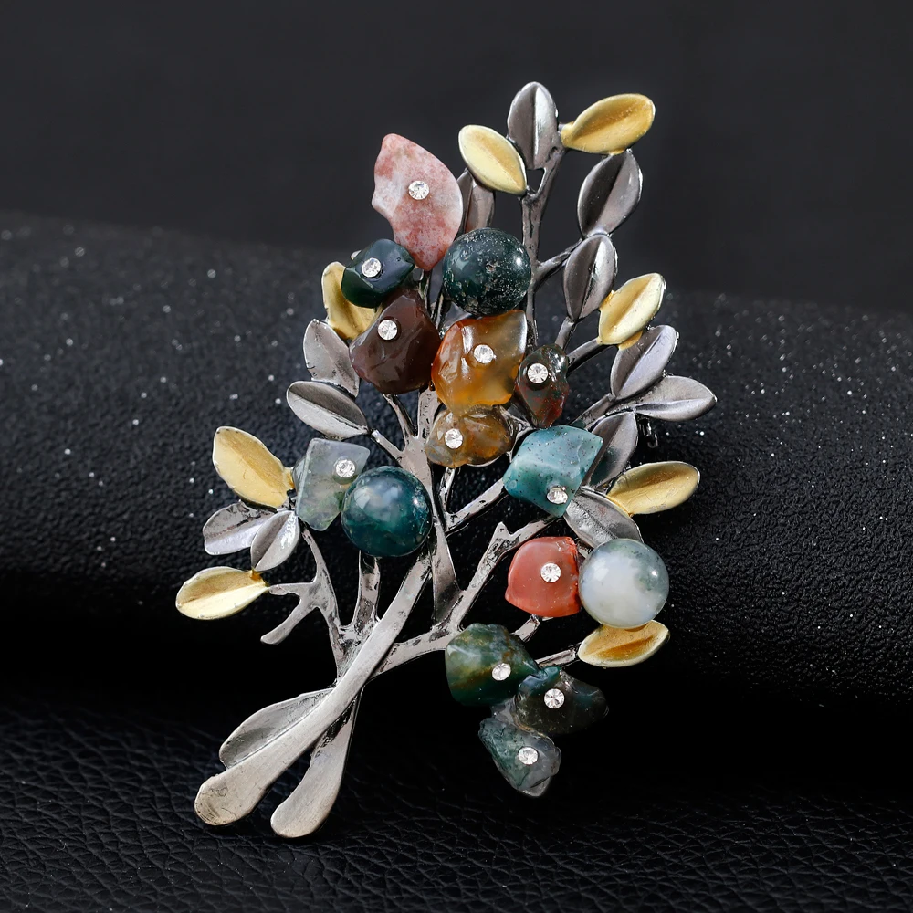 Women Retro Natural Stones Tree Brooches Pearl Stone Leaf Big Brooch Jewelry Accessories Clothing Wholesale New Arrival